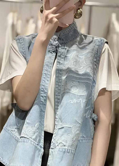 Chinese Style Blue Stand Collar Print Patchwork Low High Design Denim Waistcoat Summer Nn035