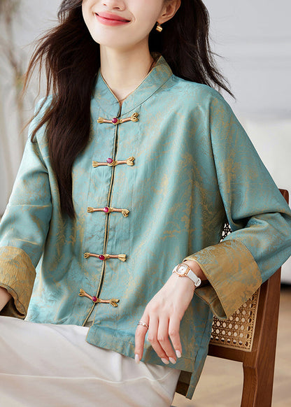 Chinese Style Blue Stand Collar Print Silk Coats Spring Tz048