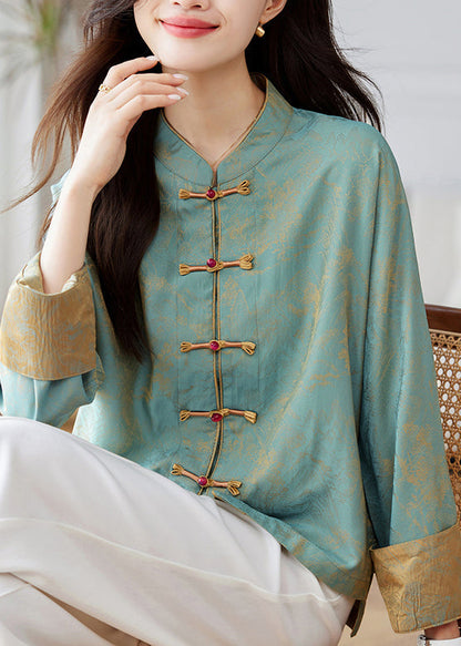 Chinese Style Blue Stand Collar Print Silk Coats Spring Tz048