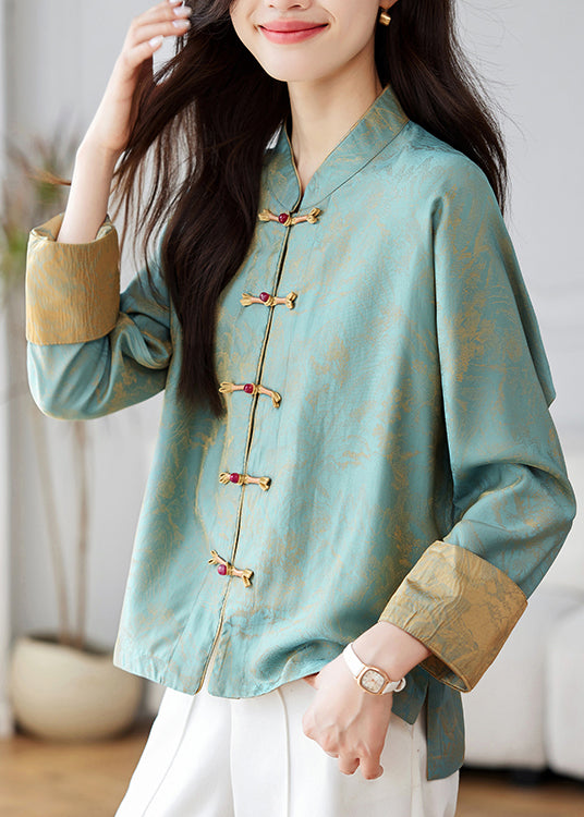 Chinese Style Blue Stand Collar Print Silk Coats Spring Tz048