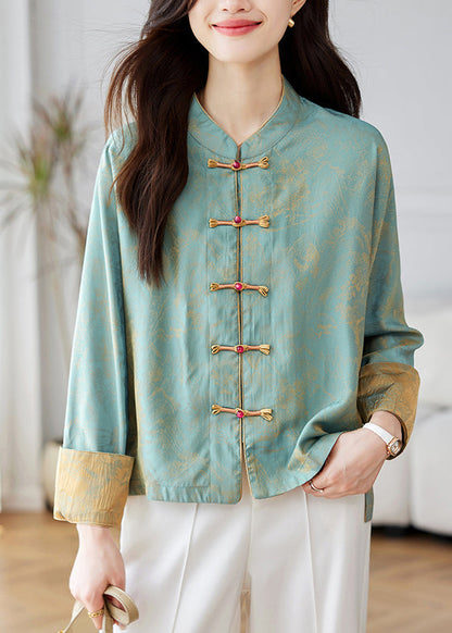Chinese Style Blue Stand Collar Print Silk Coats Spring Tz048