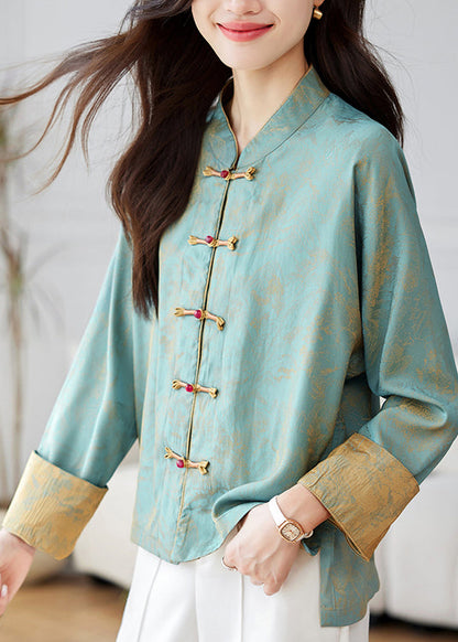 Chinese Style Blue Stand Collar Print Silk Coats Spring Tz048