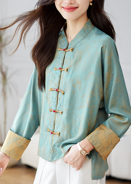 Chinese Style Blue Stand Collar Print Silk Coats Spring Tz048