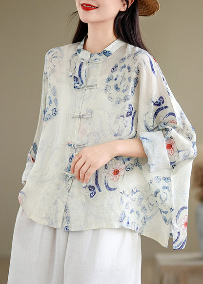 Art Oversized Print Chinese Button Linen Blouses Spring Tm028