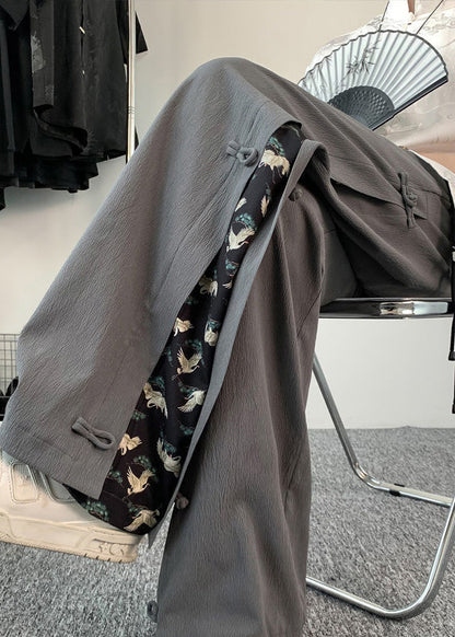 Chinese Style Dark Grey Fake Two Thin Ice Silk Pants Summer Yt055