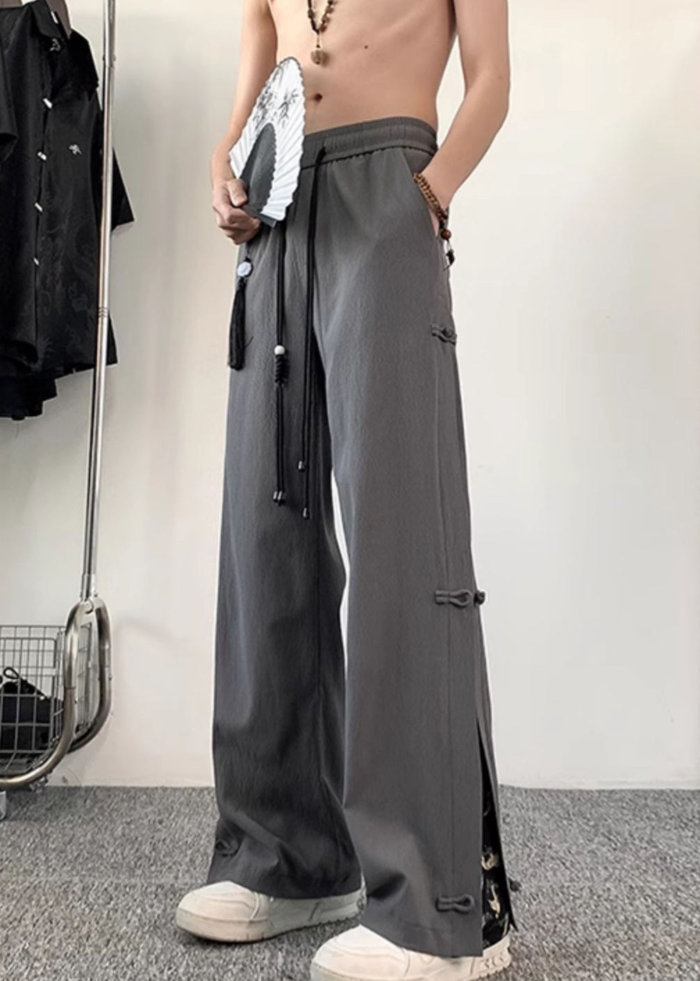 Chinese Style Dark Grey Fake Two Thin Ice Silk Pants Summer Yt055