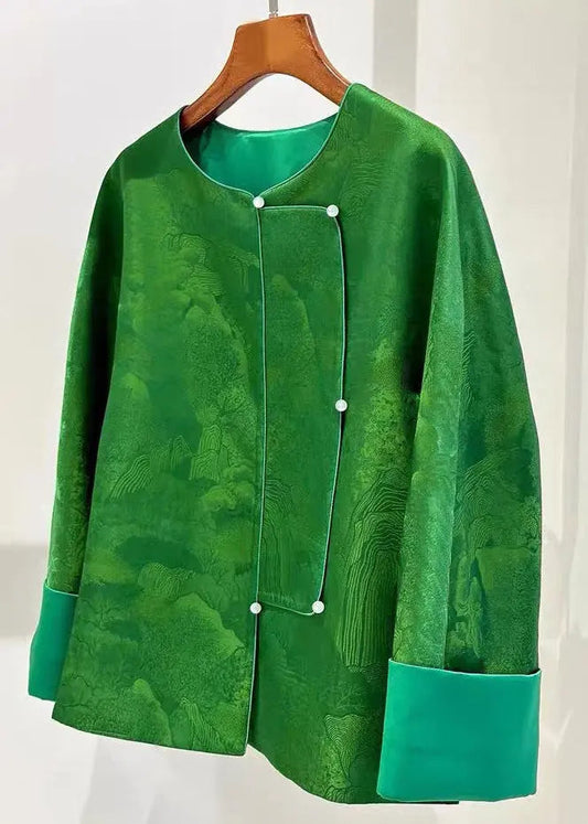 Chinese Style Green O Neck Button Silk Coats Long Sleeve Cg1026