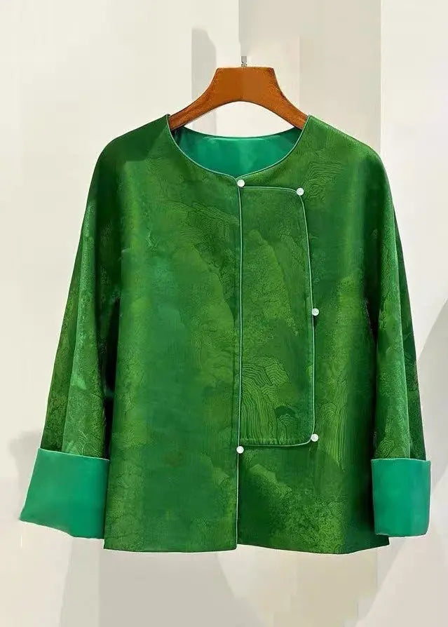 Chinese Style Green O Neck Button Silk Coats Long Sleeve Cg1026