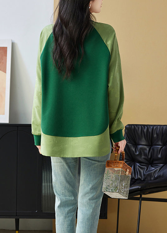Chinese Style Green O Neck Jacquard Patchwork Cotton Sweatshirts Top Spring Tq036