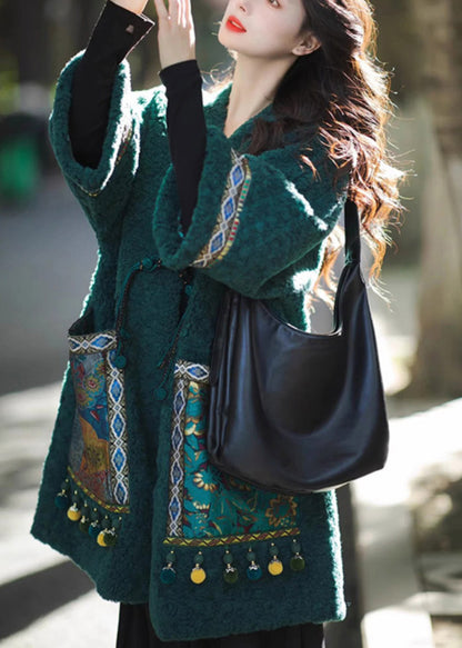 Chinese Style Green Pockets Oriental Button Patchwork Faux Fur Coat Winter Rs044