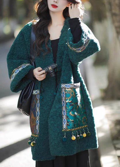 Chinese Style Green Pockets Oriental Button Patchwork Faux Fur Coat Winter Rs044
