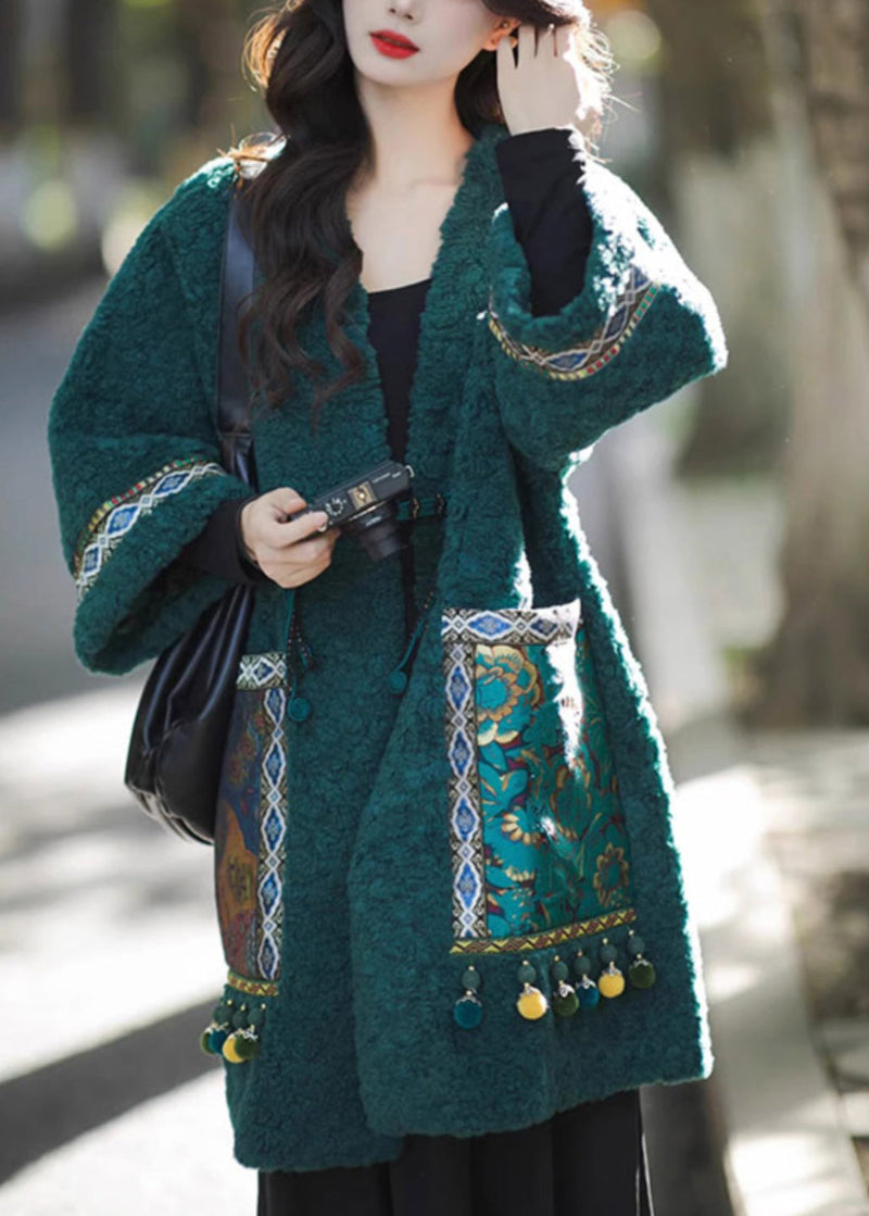 Chinese Style Green Pockets Oriental Button Patchwork Faux Fur Coat Winter Rs044