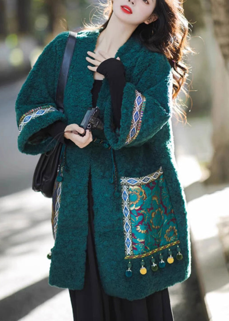 Chinese Style Green Pockets Oriental Button Patchwork Faux Fur Coat Winter Rs044