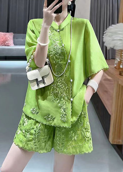 Chinese Style Green Stand Collar Embroidered Shirts and Shorts Two Piece Set Short Sleeve Vb1091