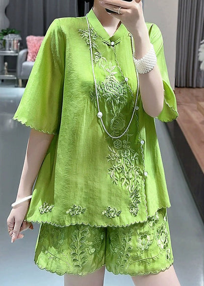 Chinese Style Green Stand Collar Embroidered Shirts and Shorts Two Piece Set Short Sleeve Vb1091