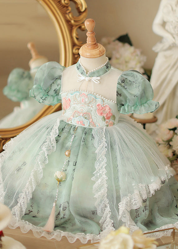 Chinese Style Green Stand Collar Embroideried Nail Bead Tulle Kids Long Dress Short Sleeve Ye015