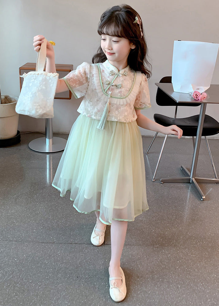 Chinese Style Green Stand Collar Tassel Fake Two Pieces Tulle Maxi Dresses Summer Mn009