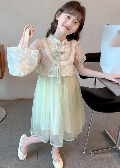 Chinese Style Green Stand Collar Tassel Fake Two Pieces Tulle Maxi Dresses Summer Mn009