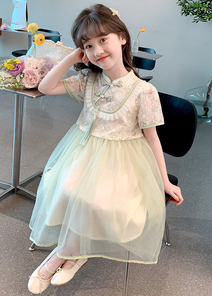 Chinese Style Green Stand Collar Tassel Fake Two Pieces Tulle Maxi Dresses Summer Mn009