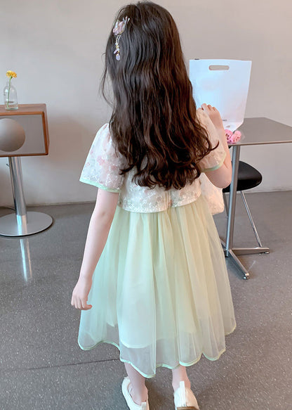 Chinese Style Green Stand Collar Tassel Fake Two Pieces Tulle Maxi Dresses Summer Mn009