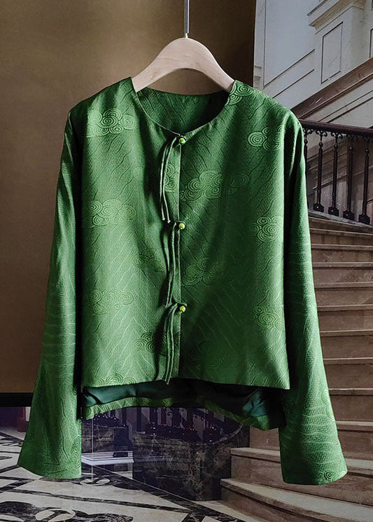 Chinese Style Green Tasseled Button Jacquard Silk Coats Spring Ly0977