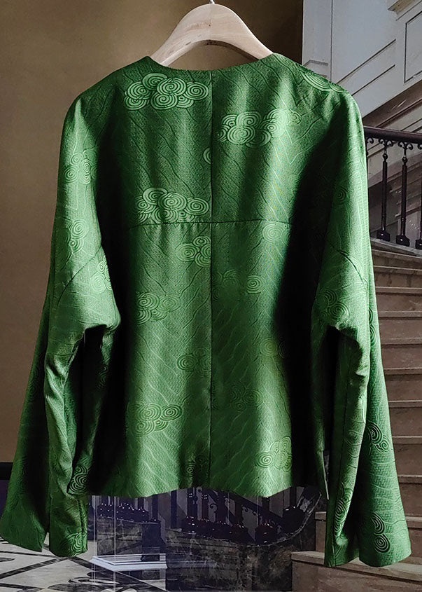 Chinese Style Green Tasseled Button Jacquard Silk Coats Spring Ly0977