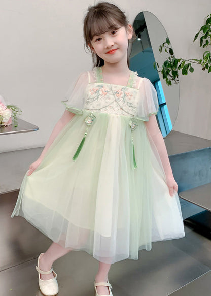 Chinese Style Green Tasseled Embroideried Tulle Long Dress Summer Tt030