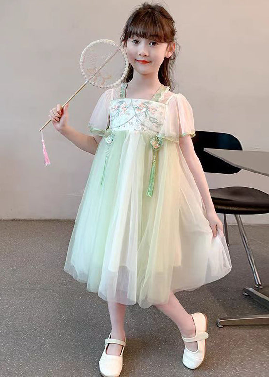 Chinese Style Green Tasseled Embroideried Tulle Long Dress Summer Tt030