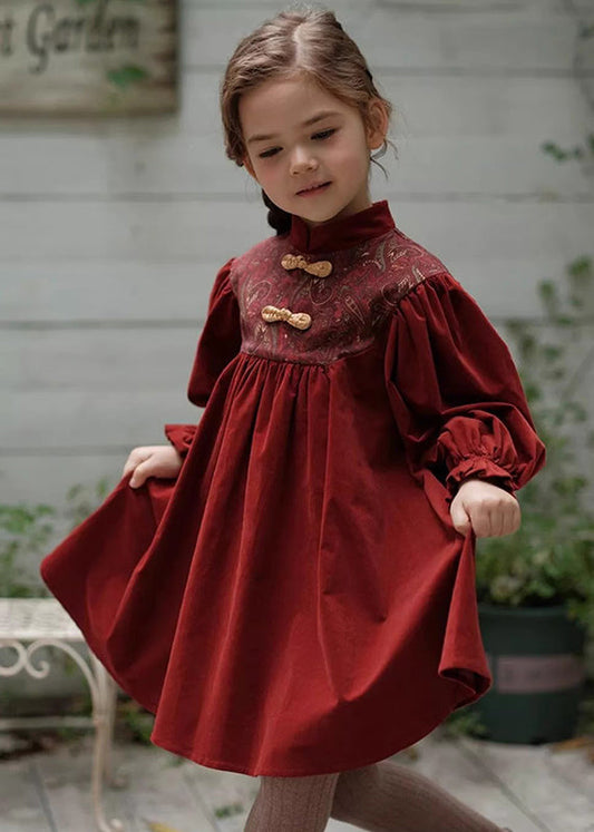 Chinese Style Mulberry Stand Collar Embroideried Corduroy Long Dress Spring Ye018