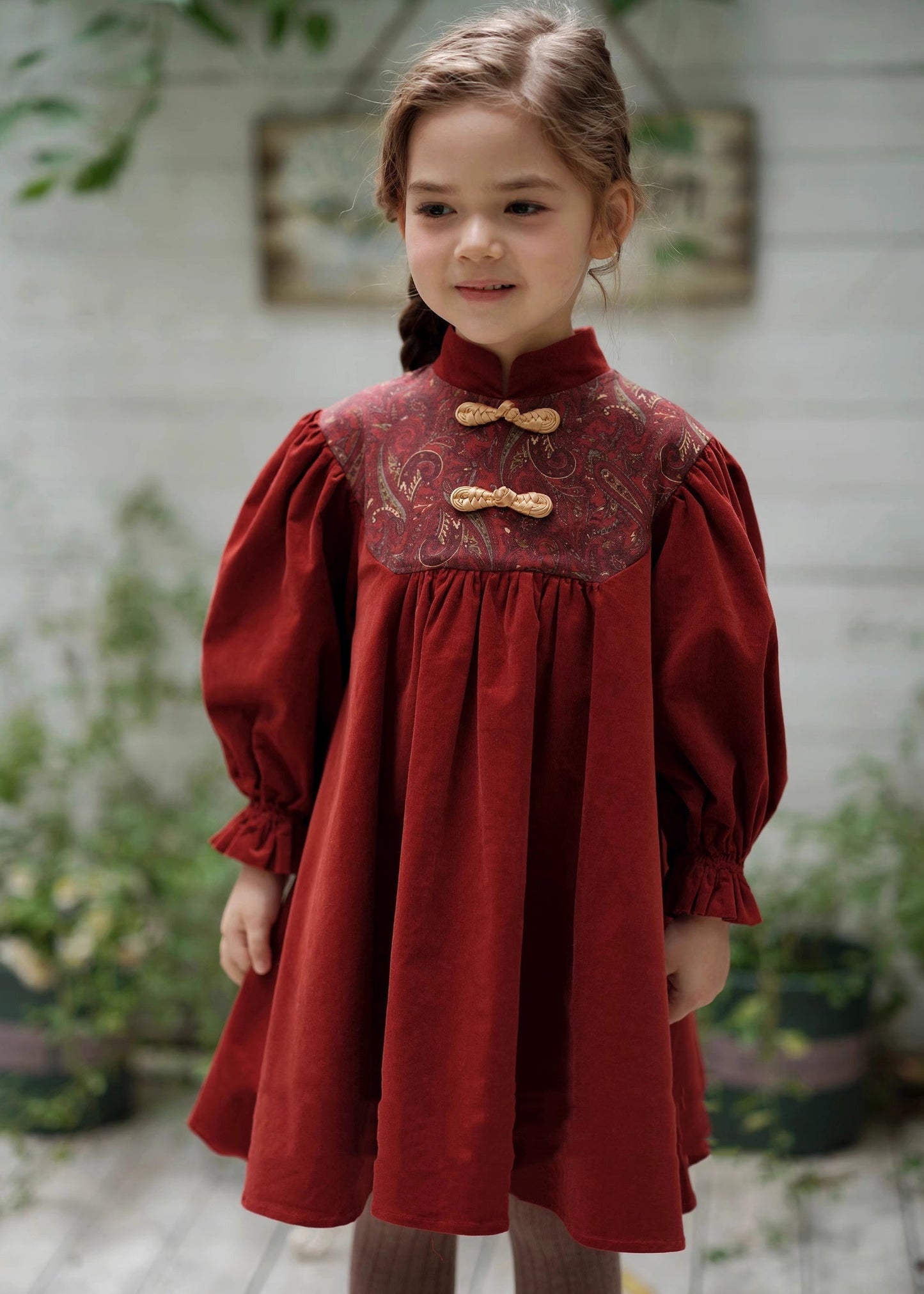 Chinese Style Mulberry Stand Collar Embroideried Corduroy Long Dress Spring Ye018