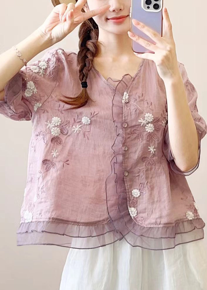 Ruffled Embroidered Style Orange Linen Blouses Chinese Half