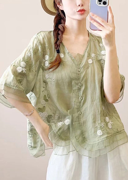 Ruffled Embroidered Style Orange Linen Blouses Chinese Half