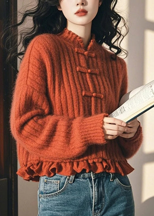 Chinese Style Orange Ruffled Oriental Button Knit Sweaters Spring Tn050