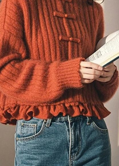 Chinese Style Orange Ruffled Oriental Button Knit Sweaters Spring Tn050