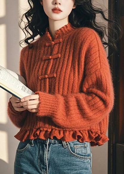 Chinese Style Orange Ruffled Oriental Button Knit Sweaters Spring Tn050