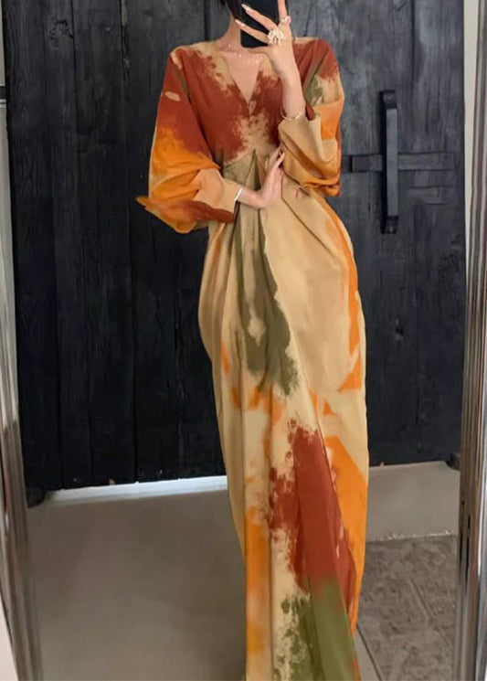 Chinese Style Orange V Neck Tie Dye Maxi Dress Spring Rp019