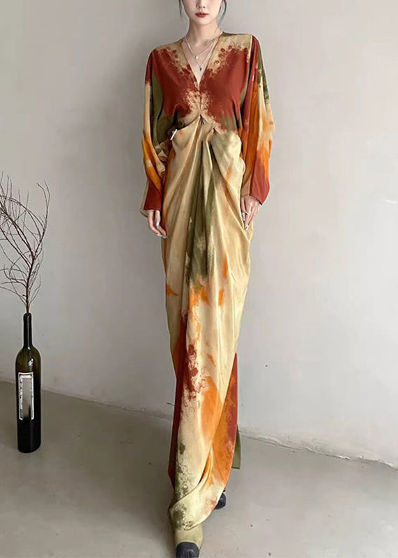 Chinese Style Orange V Neck Tie Dye Maxi Dress Spring Rp019