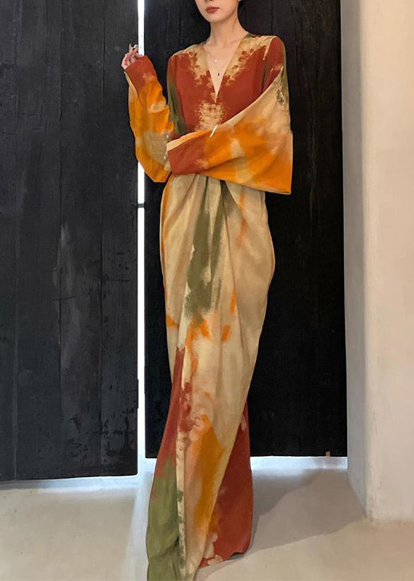 Chinese Style Orange V Neck Tie Dye Maxi Dress Spring Rp019