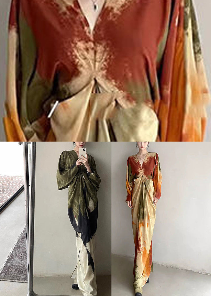 Chinese Style Orange V Neck Tie Dye Maxi Dress Spring Rp019