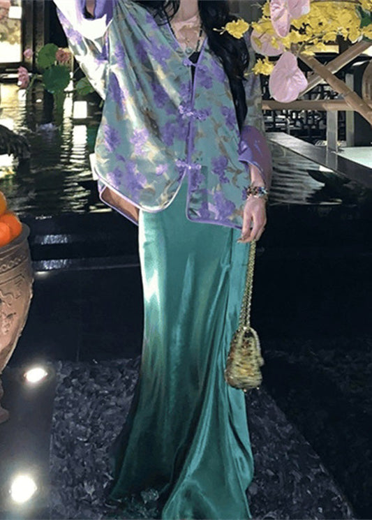 Chinese Style Peacock Blue V Neck Print Silk Shirts and Wide Leg Pants Two Pieces Set Spring Uu1053