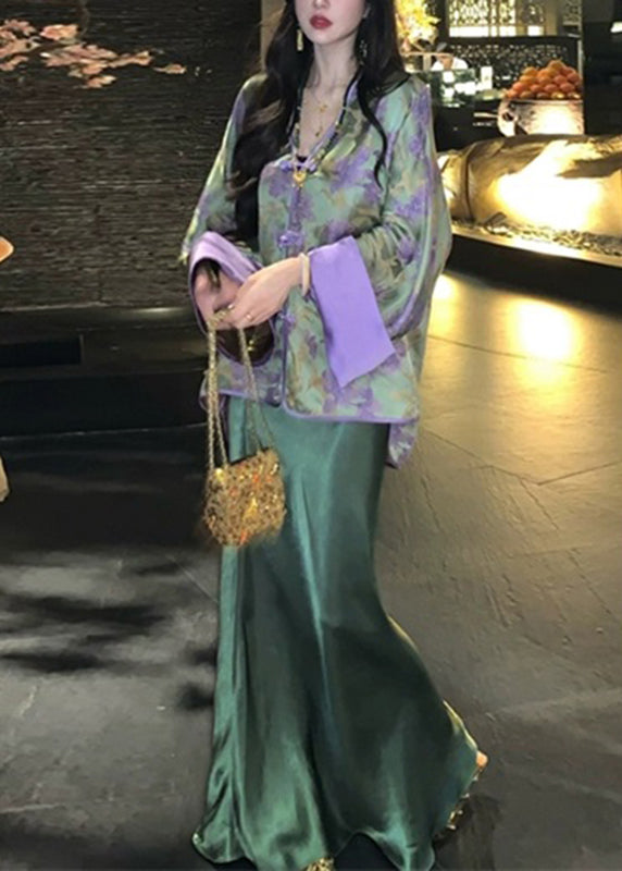 Chinese Style Peacock Blue V Neck Print Silk Shirts and Wide Leg Pants Two Pieces Set Spring Uu1053
