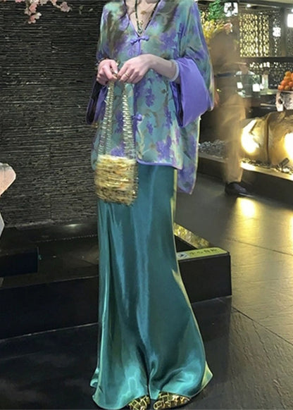 Chinese Style Peacock Blue V Neck Print Silk Shirts and Wide Leg Pants Two Pieces Set Spring Uu1053