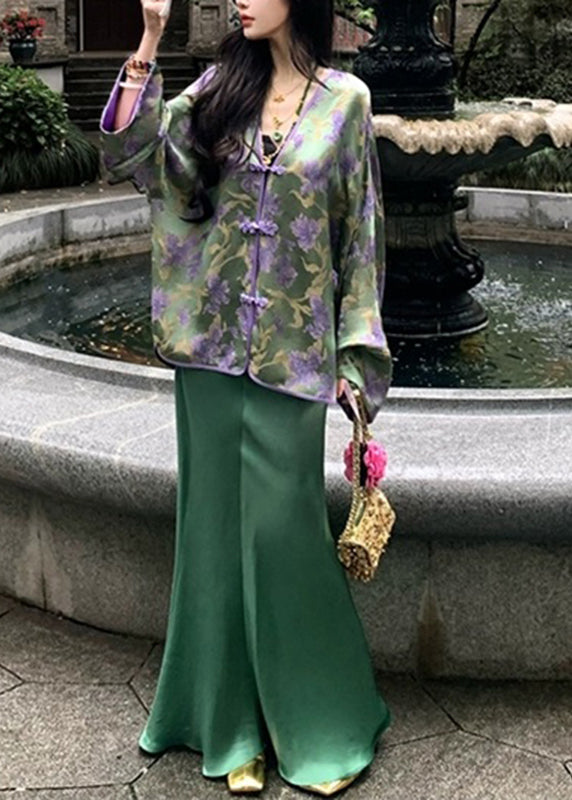 Chinese Style Peacock Blue V Neck Print Silk Shirts and Wide Leg Pants Two Pieces Set Spring Uu1053