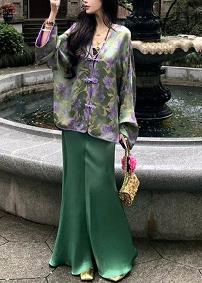 Chinese Style Peacock Blue V Neck Print Silk Shirts and Wide Leg Pants Two Pieces Set Spring Uu1053