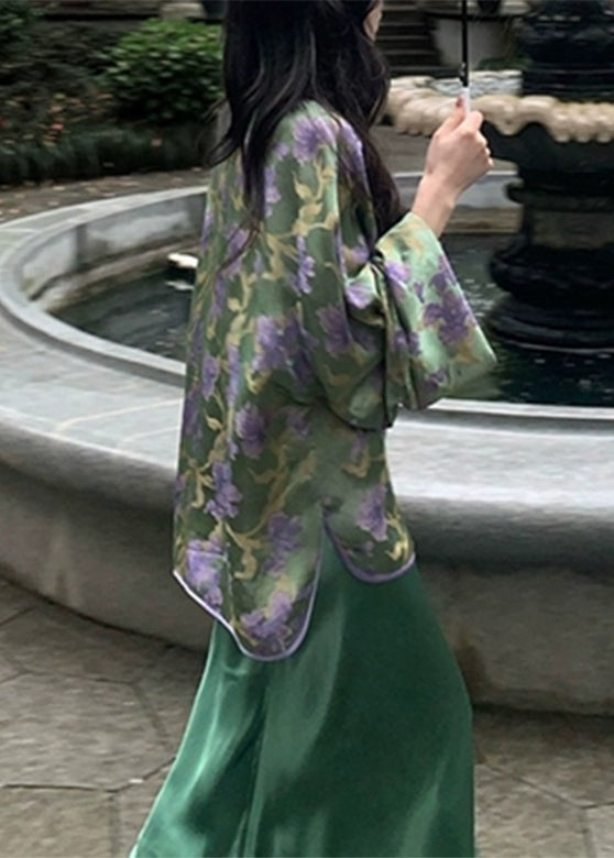 Chinese Style Peacock Blue V Neck Print Silk Shirts and Wide Leg Pants Two Pieces Set Spring Uu1053