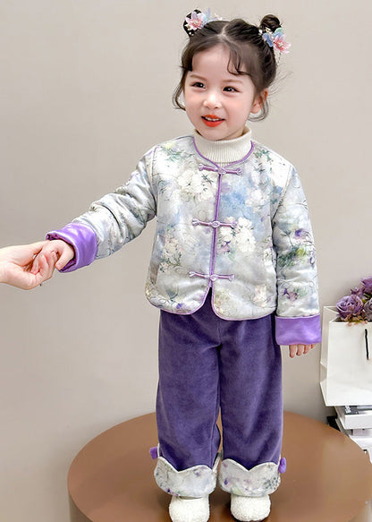 Chinese Style Pink O-neck Patchwork Button Thick Parka and Pants Two Piece Set Winter Tr026