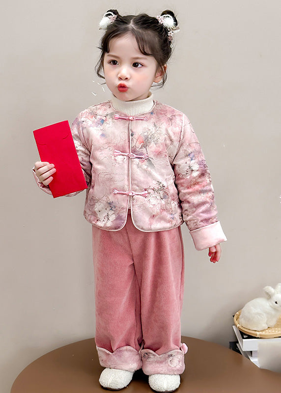 Chinese Style Pink O-neck Patchwork Button Thick Parka and Pants Two Piece Set Winter Tr026