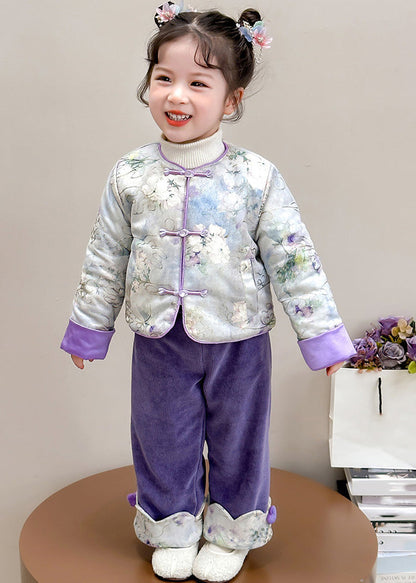 Chinese Style Pink O-neck Patchwork Button Thick Parka and Pants Two Piece Set Winter Tr026