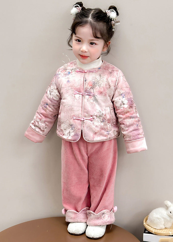 Chinese Style Pink O-neck Patchwork Button Thick Parka and Pants Two Piece Set Winter Tr026