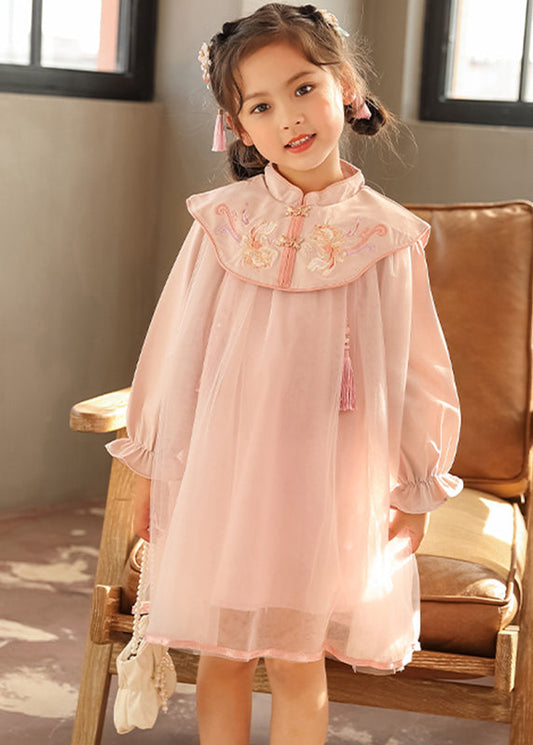 Chinese Style Pink Stand Collar Embroideried Long Dresses Lantern Sleeve Tv028
